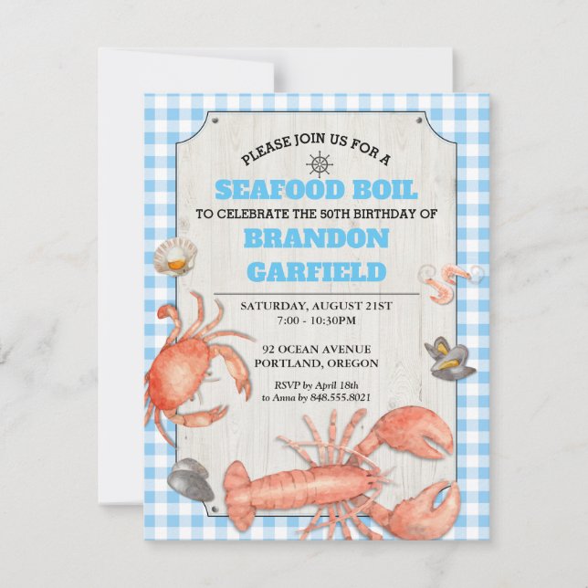 Invitación Fiesta de Madera y Boil Azul Gingham (Anverso)