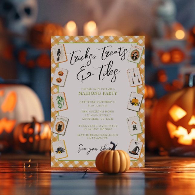 Invitación Fiesta de Mahjong de Halloween con Gingham Acuarel (Subido por el creador)