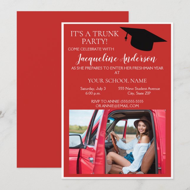 Invitación Fiesta de maleta universitaria con foto roja y bla (Anverso / Reverso)