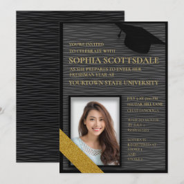 Invitación Fiesta de maleta universitaria negra y dorada Foto