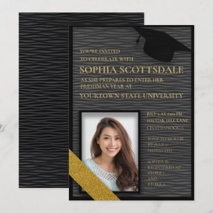 Invitación Fiesta de maleta universitaria negra y dorada Foto
