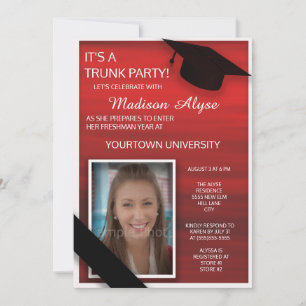 Invitación Fiesta de maleta universitaria roja negra y blanca