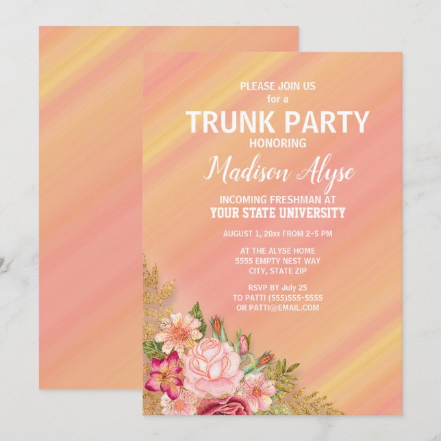 Invitación Fiesta de maletero de la Escuela Amarillo Floral d (Anverso / Reverso)