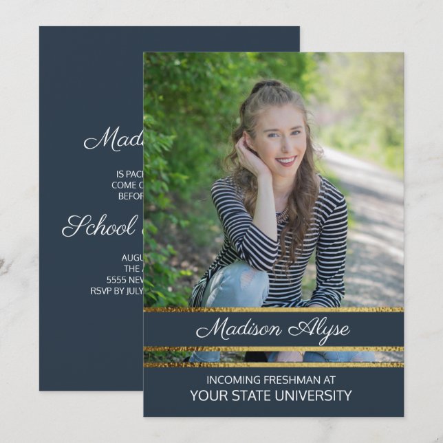 Invitación Fiesta de maletero fotográfico azul y oro de la Ma (Anverso / Reverso)