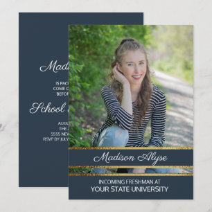 Invitación Fiesta de maletero fotográfico azul y oro de la Ma