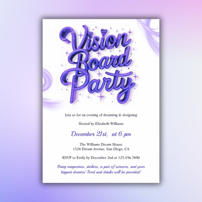 Invitación Fiesta de Manifestación de la placa de visión de l (Purple Neon Vision Board Manifestation Party Invitation)