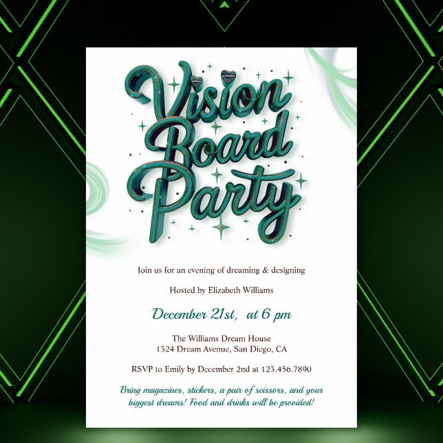 Invitación Fiesta de Manifestación de Neon Green Vision Board (Neon Green Vision Board Manifestation Party Invitation)