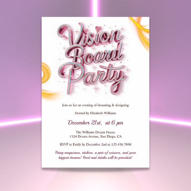 Invitación Fiesta de Manifestación de Neon Pink Vision Board (Neon Vision Board Manifestation Party Invitation)