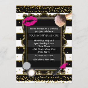Invitación Fiesta de Maquillaje Glamour Confeti y Rayas Dorad