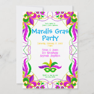 Invitación Fiesta de Mardi Gras Brillante de Neon