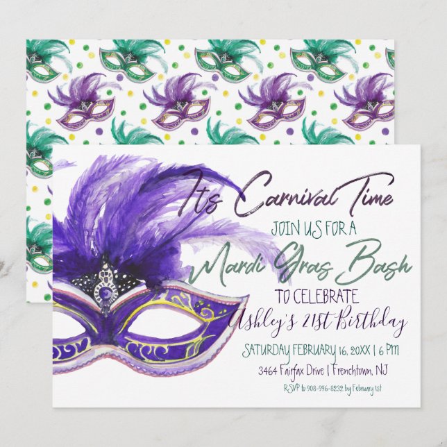 Invitación Fiesta de Mardi Gras | Cumpleaños 21 (Anverso / Reverso)
