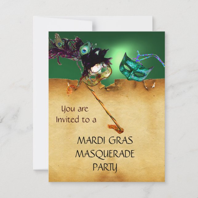 Invitación FIESTA DE MARDI GRAS ENMASCARADA, rojo verde (Anverso)