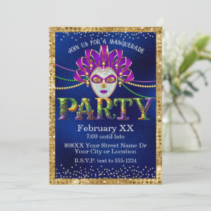 Invitación Fiesta de Mardi Gras Glamurosa Mascarada