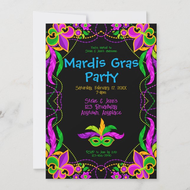 Invitación Fiesta de Mardi Gras Neon Brillante (Anverso)