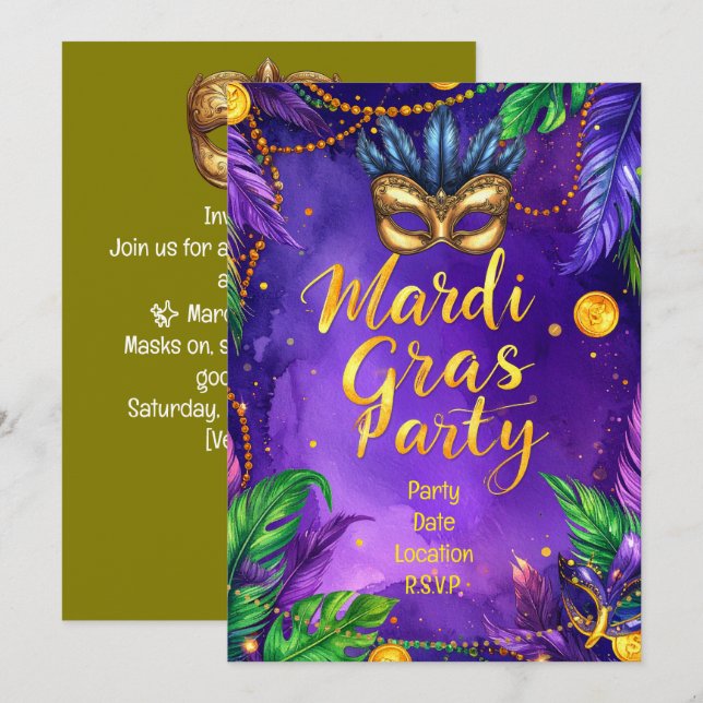 Invitación Fiesta de Mardi Gras – Que rueden los buenos tiemp (Anverso / Reverso)