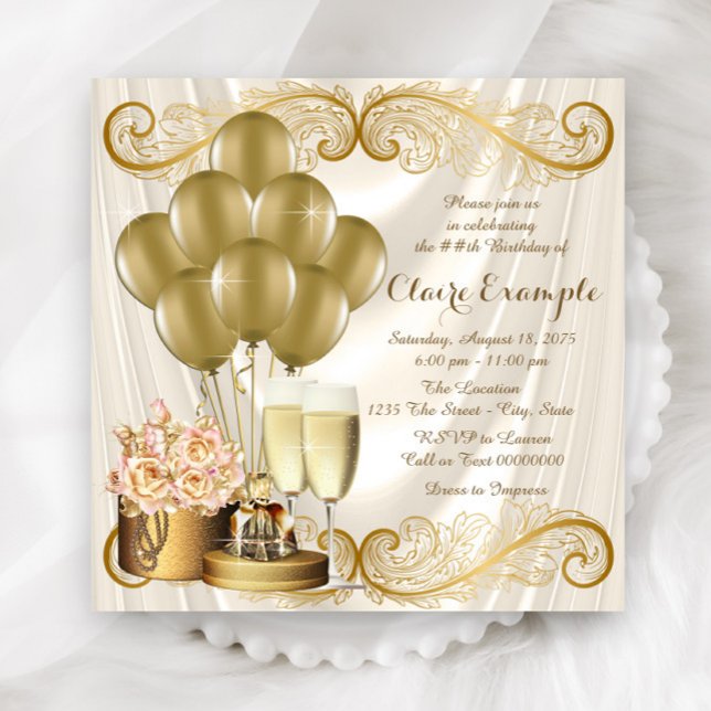 Invitación Fiesta de Marfil y Oro de Cumpleaños de las Mujere (Beautiful ivory and gold any number birthday and event invitation. Simply add your event details.)