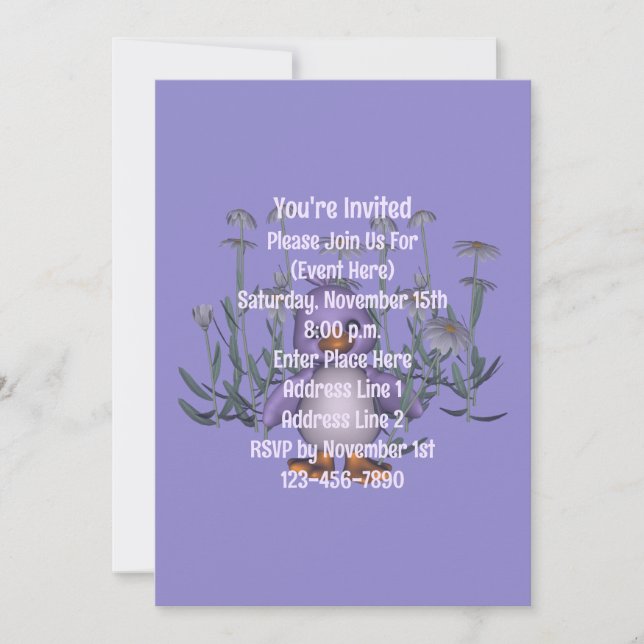 Invitación Fiesta de margaritas de pájaro morado lindo (Anverso)