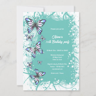 Invitación fiesta de mariposa de color blanco verde azulado a