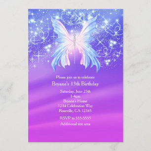 Invitación Fiesta de Mariposa de Fantasía Rosa y Purpura con