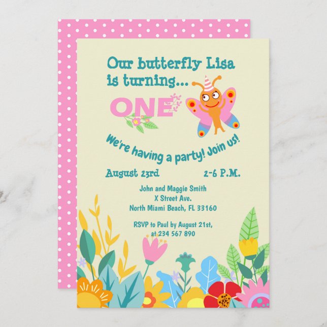 Invitación Fiesta de mariposa de primer cumpleaños de bebé (Anverso / Reverso)