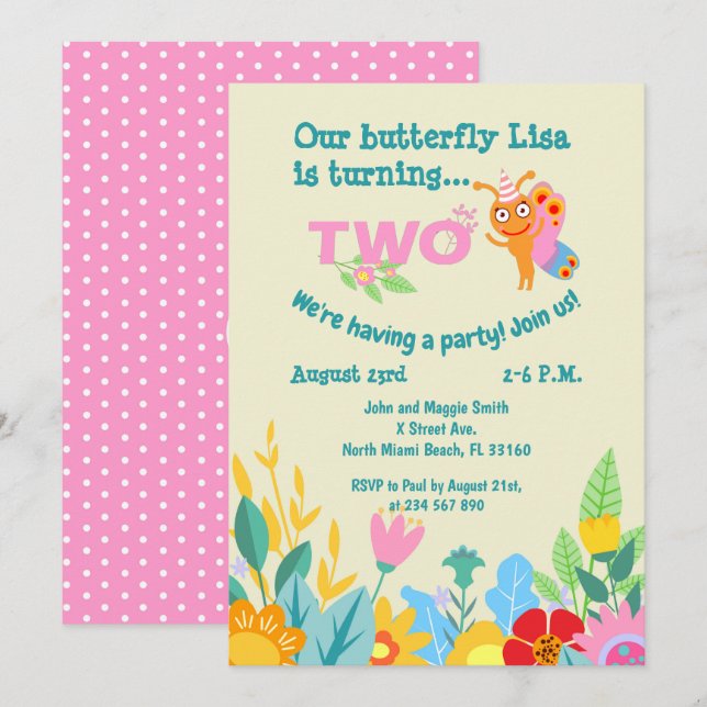 Invitación Fiesta de mariposa de segundo cumpleaños de niña (Anverso / Reverso)