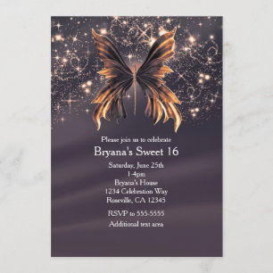 Invitación Fiesta de Mariposa Dorada Brillante de Fantasía