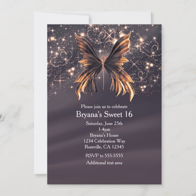 Invitación Fiesta de Mariposa Dorada con Brillo de Fantasía (Anverso)