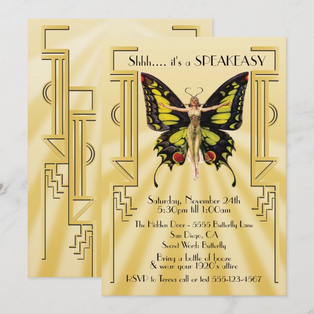 Invitación Fiesta de Mariposa Flapper del Speakeasy Gran Gats (Anverso / Reverso)