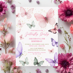 Invitación Fiesta de mariposa púrpura de oro rosado Cumpleaño