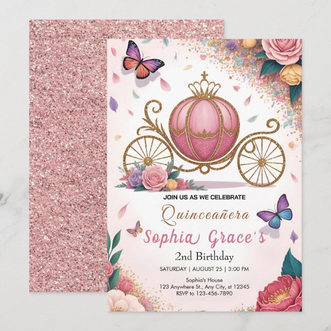 Invitación Fiesta de mariposas florales lindas (Anverso / Reverso)