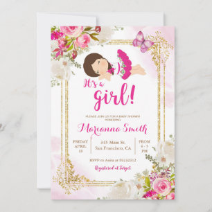 Invitación Fiesta de Mariposas Flores Mexicanas Rosadas Baby 