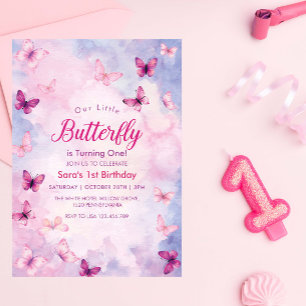 Invitación Fiesta de mariposas rosadas lindo primer cumpleaño