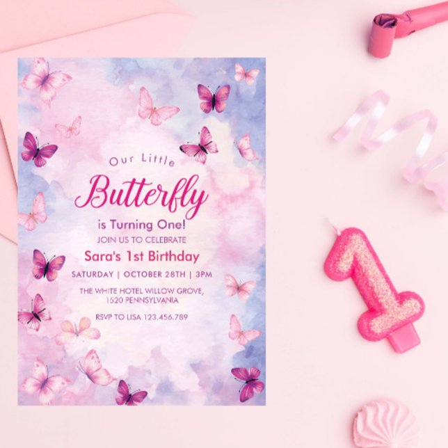 Invitación Fiesta de mariposas rosadas lindo primer cumpleaño (Subido por el creador)