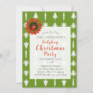 Invitación Fiesta de mariquita con árbol de Navidad verde y b