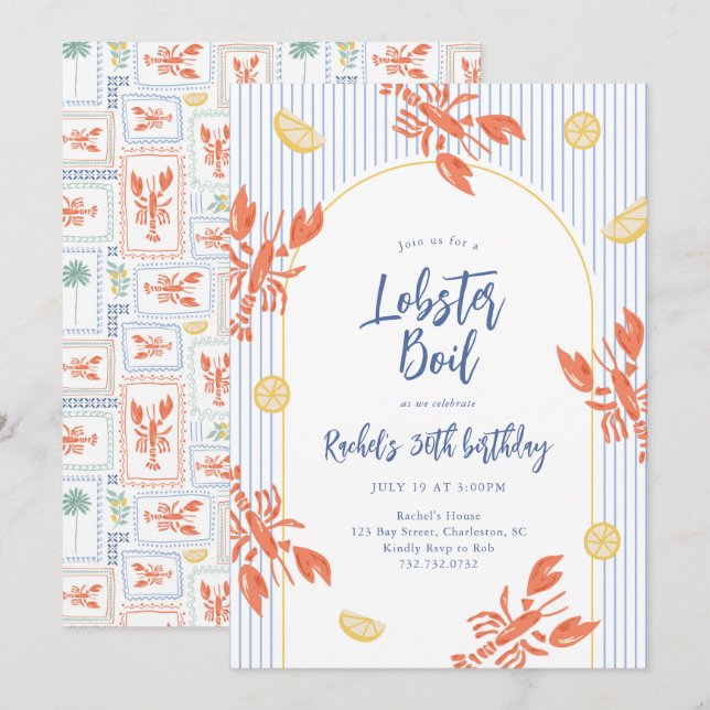 Invitación Fiesta de Mariscos con Langosta y Rayas Preppy (Anverso / Reverso)