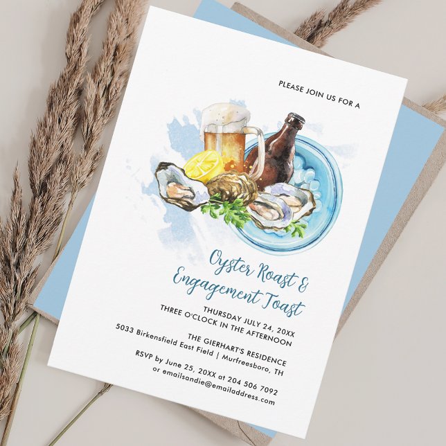 Invitación Fiesta de mariscos de ostras para el compromiso de (Oyster Roast Engagement Toast Watercolor Invitation)