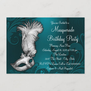 Invitación Fiesta de máscara azul Verde azulada