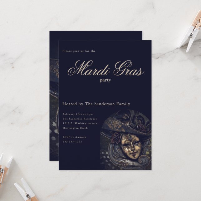 Invitación Fiesta de máscara de carnaval del mardi azul vinta (Anverso/Reverso In Situ)