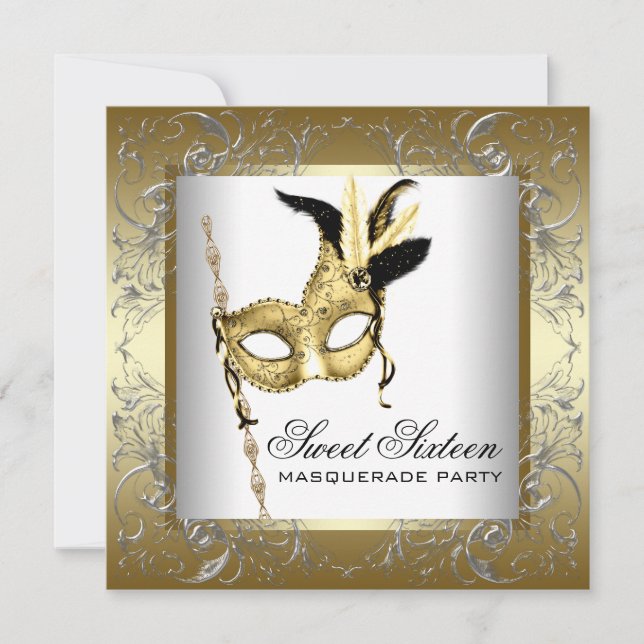 Invitación Fiesta de Máscara de Dieciséis Dorado Negro Blanco (Anverso)