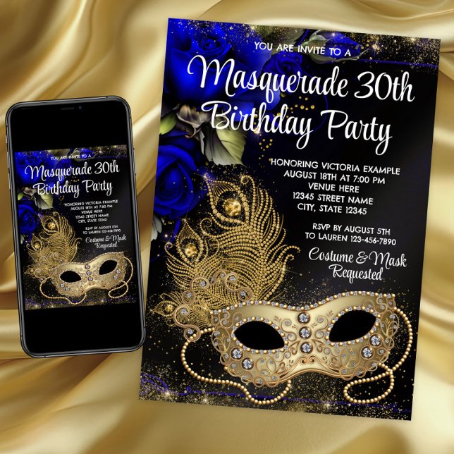 Invitación Fiesta de Máscara de Oro Azul Real (Blue and Gold Masquerade Party Invitation for any birthday and event.)