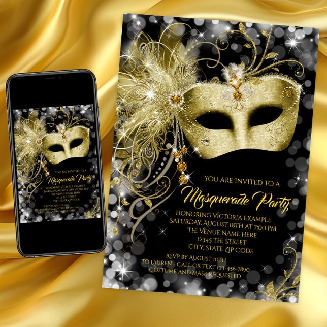 Invitación Fiesta de Máscara de Purpurina Dorada Negra de Luj (Elegant black and gold masquerade party invitation with gold jewel mask. Instant download and print.)