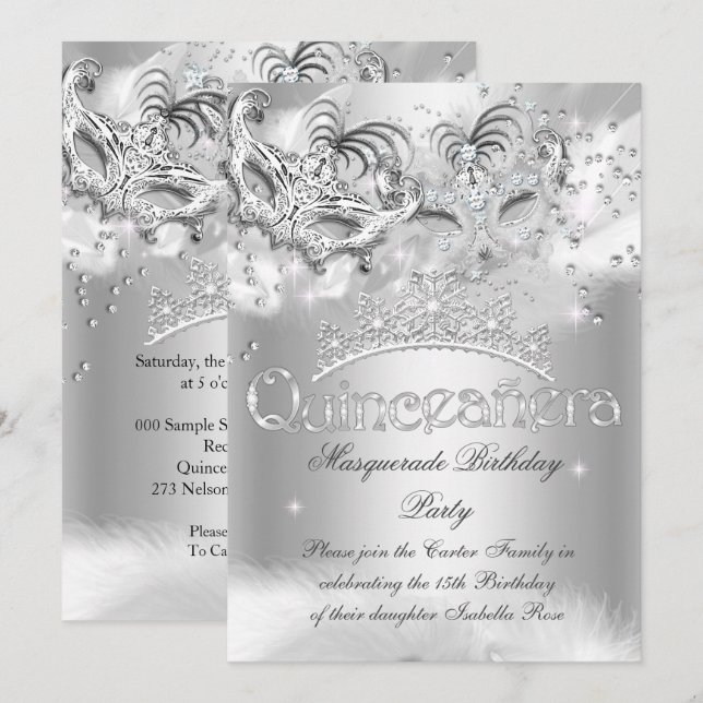 Invitación Fiesta de Máscara de Quinceañera Brillo de Plata (Anverso / Reverso)