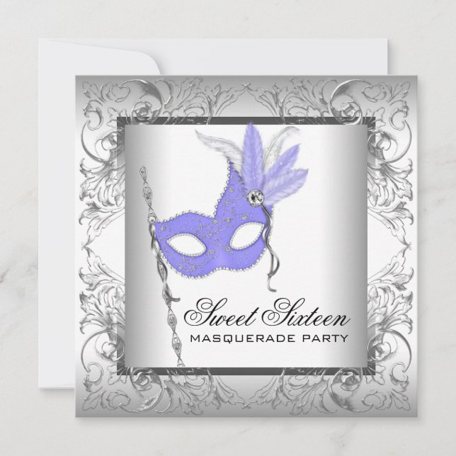 Invitación Fiesta de Máscara de Sweet 16 de Plata Morada (Anverso)