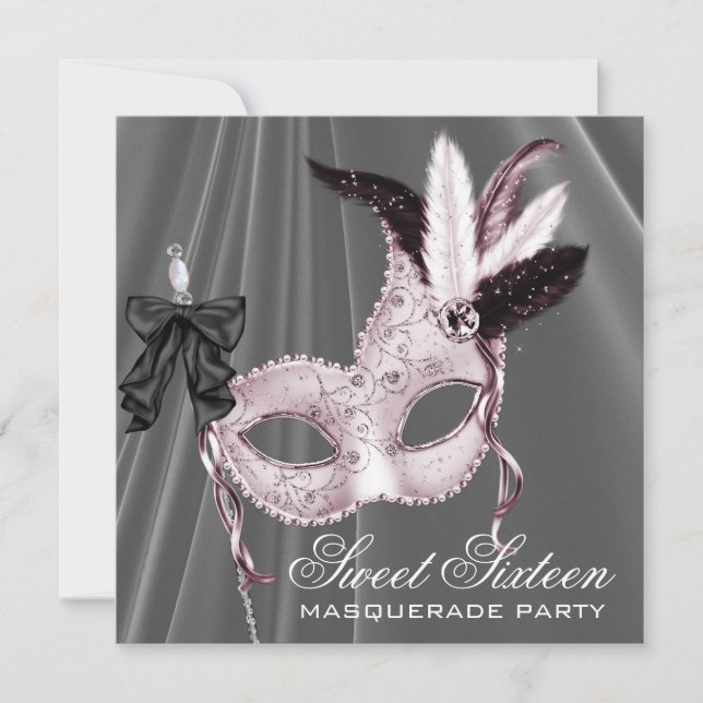 Invitación Fiesta de Máscara Dulce 16 Rosa Negro (Anverso)