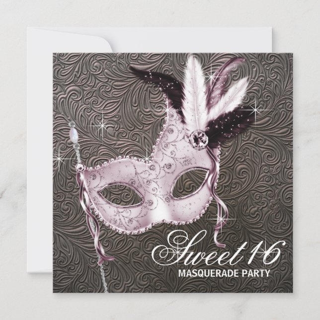 Invitación Fiesta de Máscara Dulce 16 Rosa Negro (Anverso)