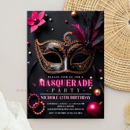 Invitación Fiesta de Máscara Elegante Negro Rosa