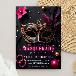 Invitación Fiesta de Máscara Elegante Negro Rosa
