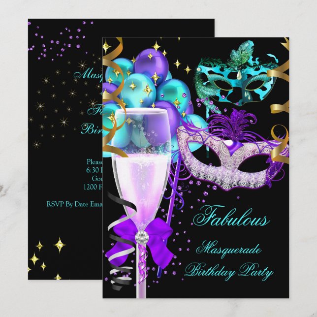 Invitación Fiesta de Máscara Morada Turquesa Negra Fabulosa (Anverso / Reverso)