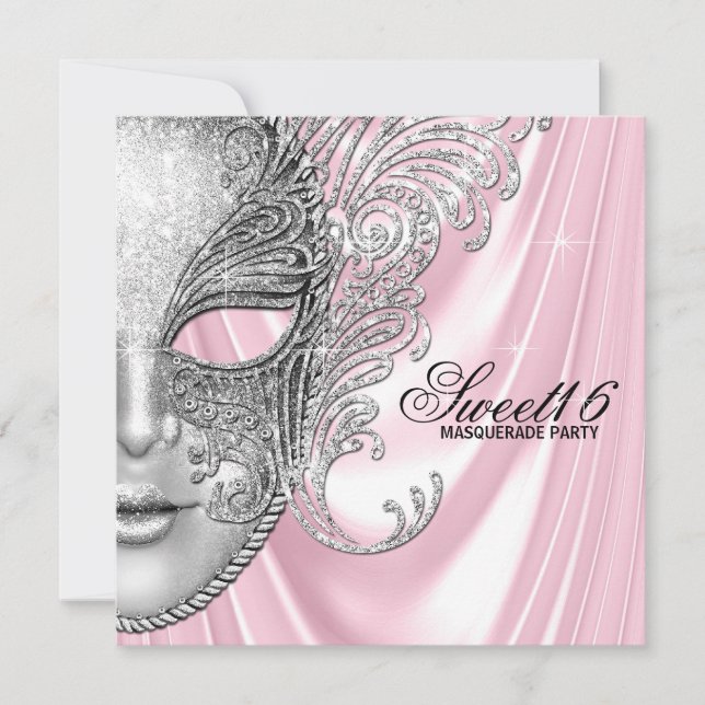 Invitación Fiesta de Máscara Sweet 16 de Seda Rosa (Anverso)