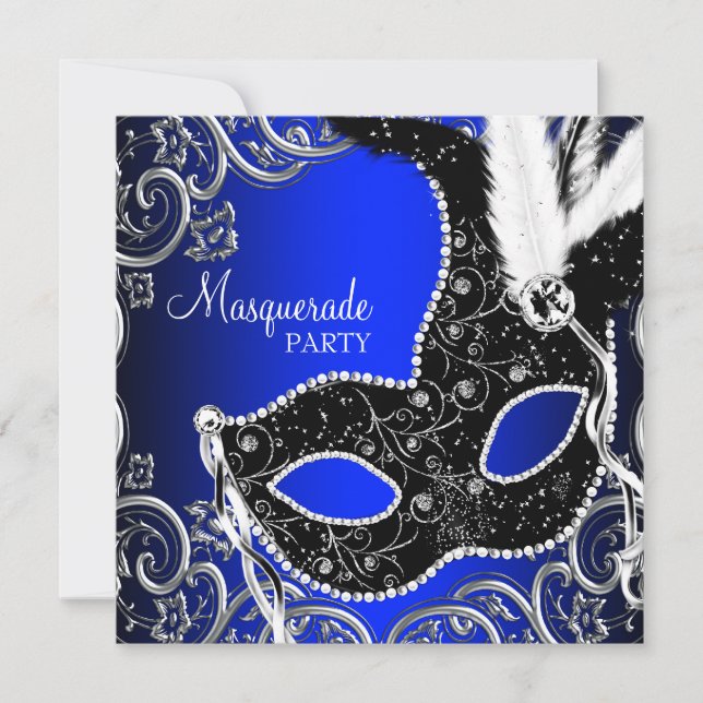 Invitación Fiesta de Mascarada Azul Real Máscara Negra (Anverso)